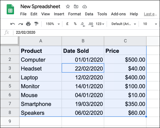 Datos seleccionados en una hoja de cálculo de Google Sheets.