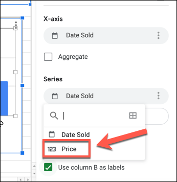 Para cambiar el eje Y en un gráfico de Google Sheets, seleccione la primera columna que aparece en la categoría "Serie" en la pestaña "Configuración" del panel Editor de gráficos y seleccione una columna de reemplazo.