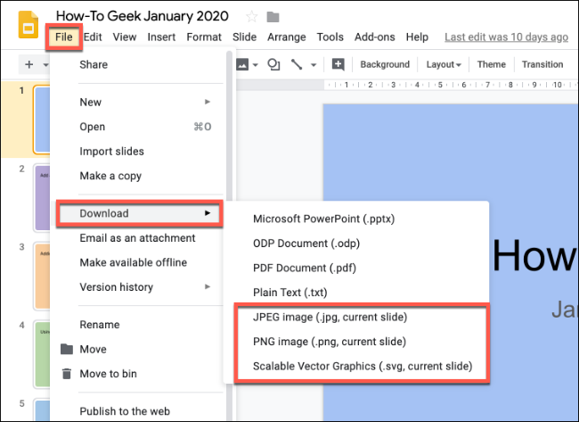 Haga clic en Archivo> Descargar en Presentaciones de Google y seleccione un formato de archivo de imagen para guardar una diapositiva individual como una imagen