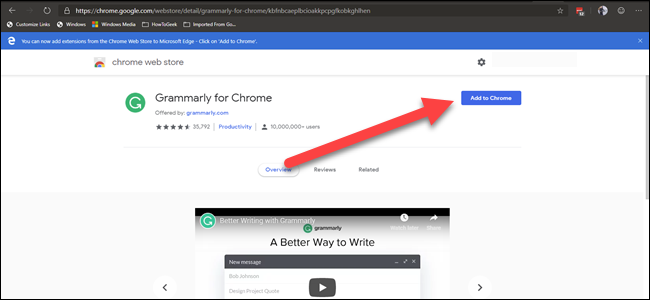 Extensión de Chrome Web Gramarly con una flecha que apunta al botón "Agregar a Chrome"