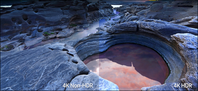 Una escena costera rocosa que muestra la diferencia de color entre 4K no HDR y 4K HDR.