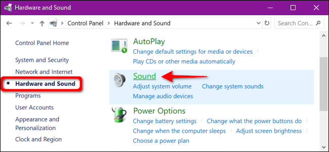 Panel de control de hardware y sonido