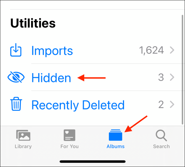 Toca "Álbumes" y luego "Oculto" para ver las fotos ocultas en iOS.