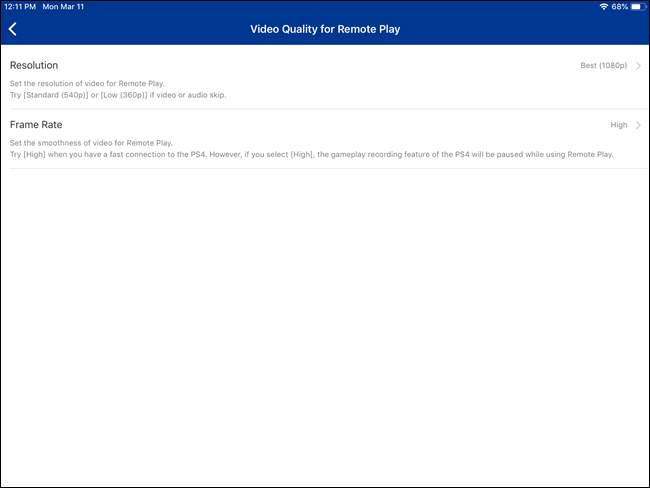 Opciones de video de PS4 Remote Play en iOS