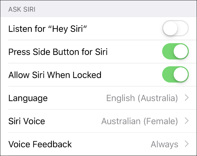 Captura de pantalla del menú de Siri en Configuración en iOS.