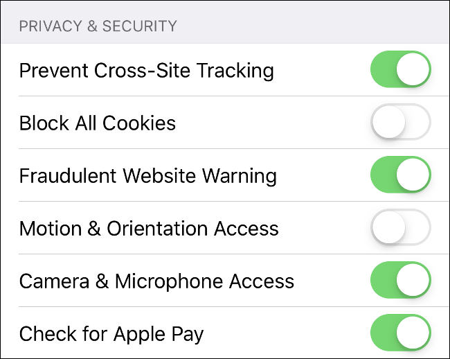 Captura de pantalla de la configuración de privacidad y seguridad de Safari para iOS.