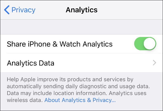 La pantalla "Análisis" en la configuración de "Privacidad" en el iPhone.
