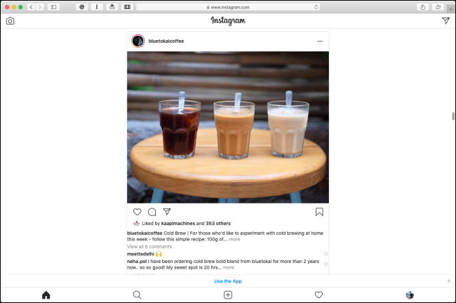 El diseño móvil de Instagram en Safari en una Mac.