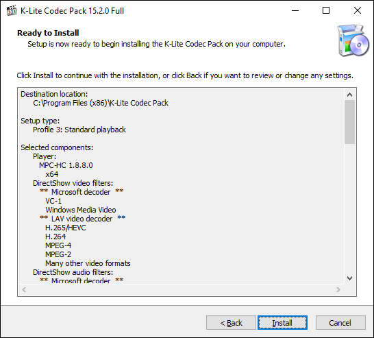 Haga clic en Instalar para comenzar la instalación de K-Lite Codec Pack