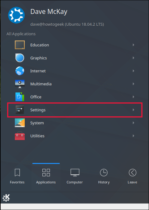 Menú de aplicaciones del sistema KDE