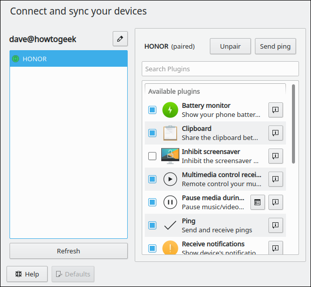 Configuración y funciones del dispositivo emparejado de KDE
