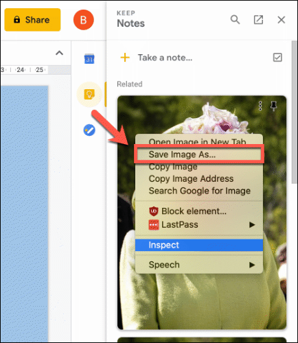 Haga clic con el botón derecho y seleccione Guardar imagen como para guardar un archivo de imagen de sus notas de Keep