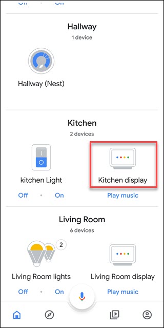 Aplicación Google Home con recuadro alrededor de la opción Kitchen Display (un Google Home Hub denominado)