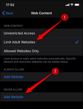 Toque "Limitar sitios web para adultos" y luego toque "Agregar sitio web".