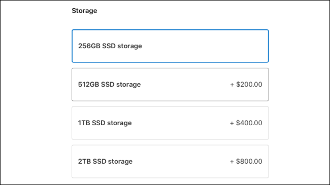 Las opciones de almacenamiento de MacBook Air 2020.