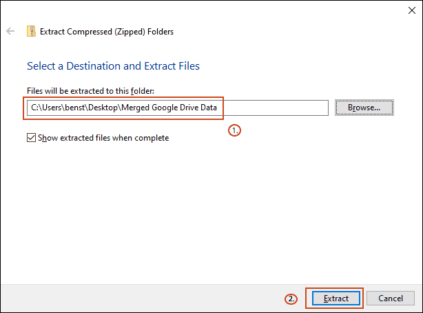 Cambie su carpeta de destino para que coincida con su carpeta de combinación de copia de seguridad de Google y luego haga clic en Extraer