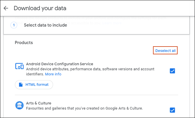 Haga clic en Deseleccionar todo en la herramienta Descargar sus datos de Google.