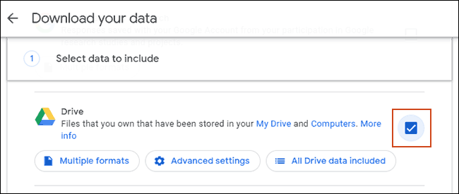 Seleccione la casilla de verificación de Google Drive