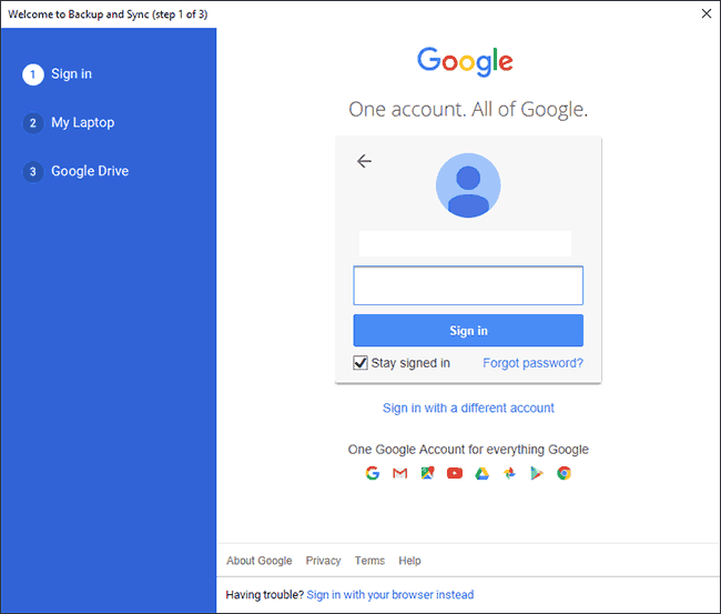 Inicie sesión en su cuenta de Google en la primera etapa de la configuración de Google Backup and Sync