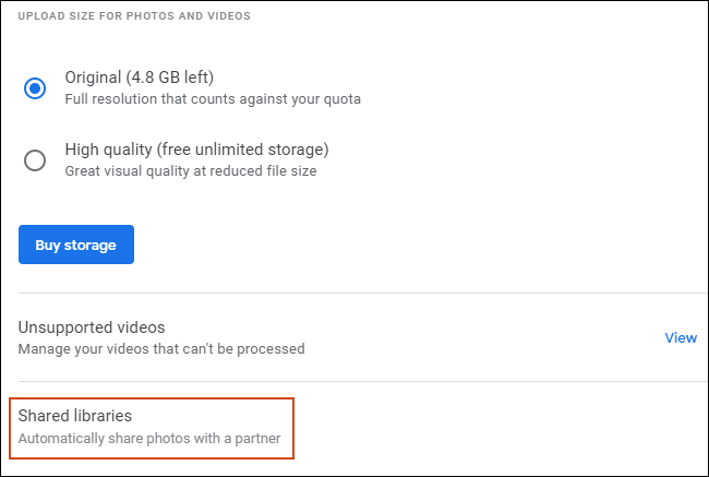 En el área de configuración de Google Fotos, haga clic en Bibliotecas compartidas