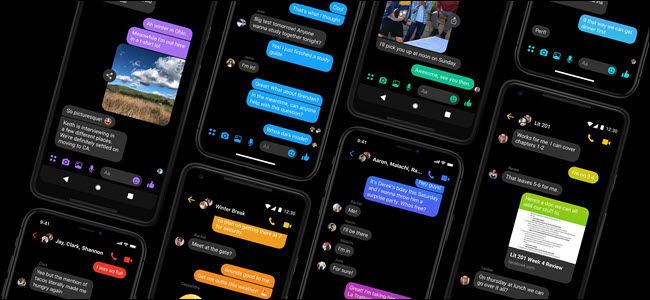 La aplicación Facebook Messenger en ocho teléfonos inteligentes uno al lado del otro.