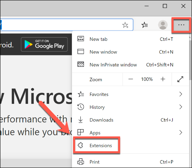 Para acceder al menú de extensiones en Edge, haga clic en el menú de configuración en la parte superior izquierda, luego haga clic en Extensiones