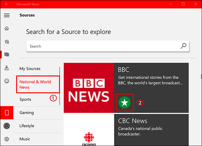 Para agregar o eliminar una fuente de noticias en Microsoft News, haga clic en la pestaña de fuentes, luego seleccione su fuente de noticias, haga clic en el ícono de estrella para agregarla / eliminarla