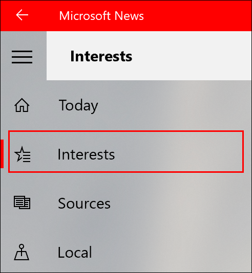 Para agregar o eliminar intereses en la aplicación Microsoft News, haga clic en la pestaña Intereses