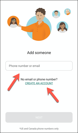 Escribe la dirección de correo electrónico o el número de teléfono de alguien para invitarlo a la aplicación Microsoft Family Safety y toca "Crear una cuenta" para crear una cuenta de Microsoft para cualquier persona que no tenga una.