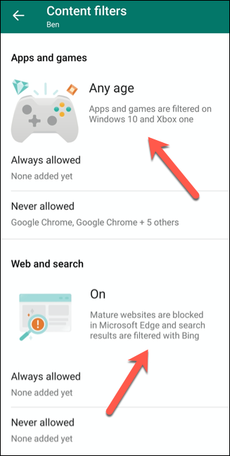 Toque debajo de "Aplicaciones y juegos" o "Web y búsqueda" para cambiar cualquiera de esas configuraciones.