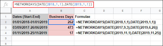 La función NETWORKDAYS en Google Sheets, calcula los días hábiles entre dos fechas e ignora el sábado y el domingo usando una fórmula DATE anidada