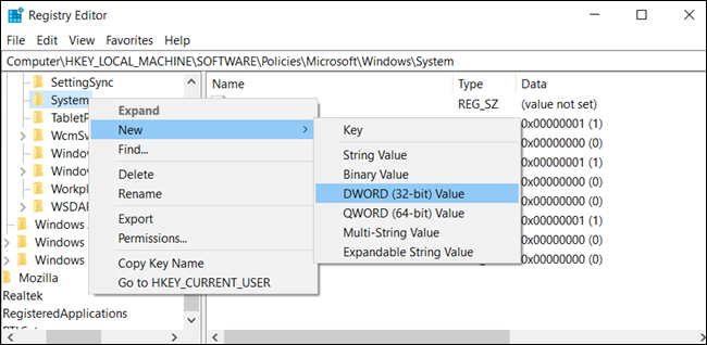 Cree un nuevo valor DWORD (32 bits) en la clave del sistema.