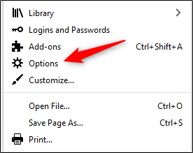 Seleccione "Opciones" en el menú de Firefox.