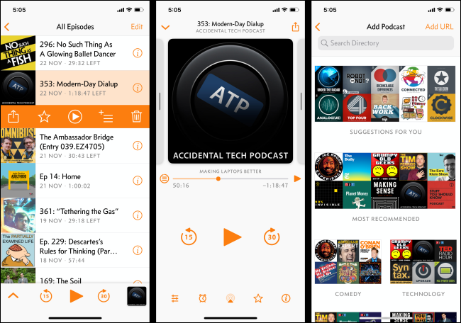 Los menús "Todos los episodios", "Agregar podcast" y Reproducción en la aplicación de podcast Overcast en un iPhone.