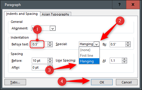 Sangrías de párrafo y configuración de espaciado