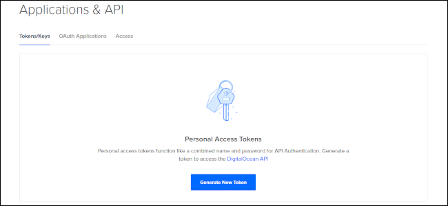 La pestaña "Tokens / Claves" en el menú "Aplicaciones y API" en DigitalOcean.