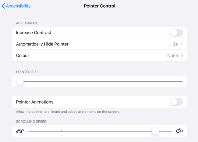 Opciones de control de puntero para cursor en iPad