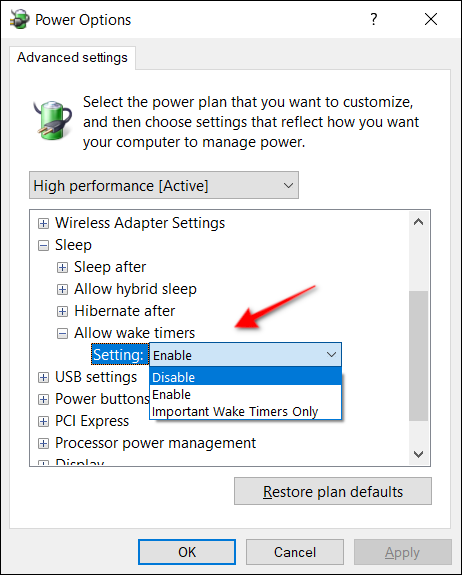 Opciones de energía Wake Timer Desktop