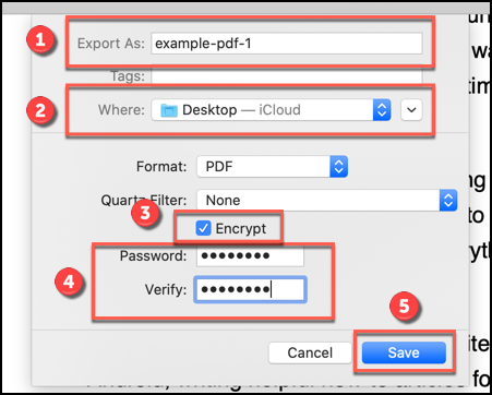 Las diversas opciones para exportar un documento PDF usando la aplicación Vista previa en macOS