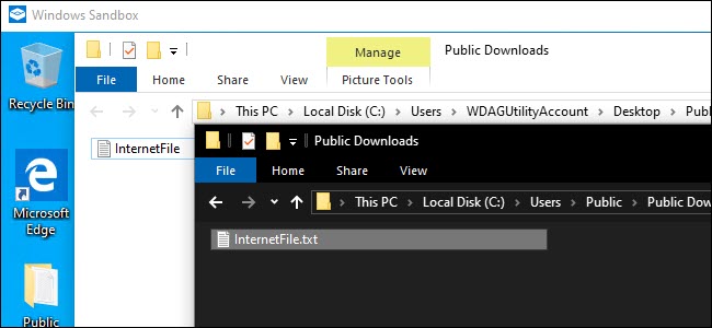 Windows Sandbox Explorer y Host system Explorer que muestran un archivo compartido