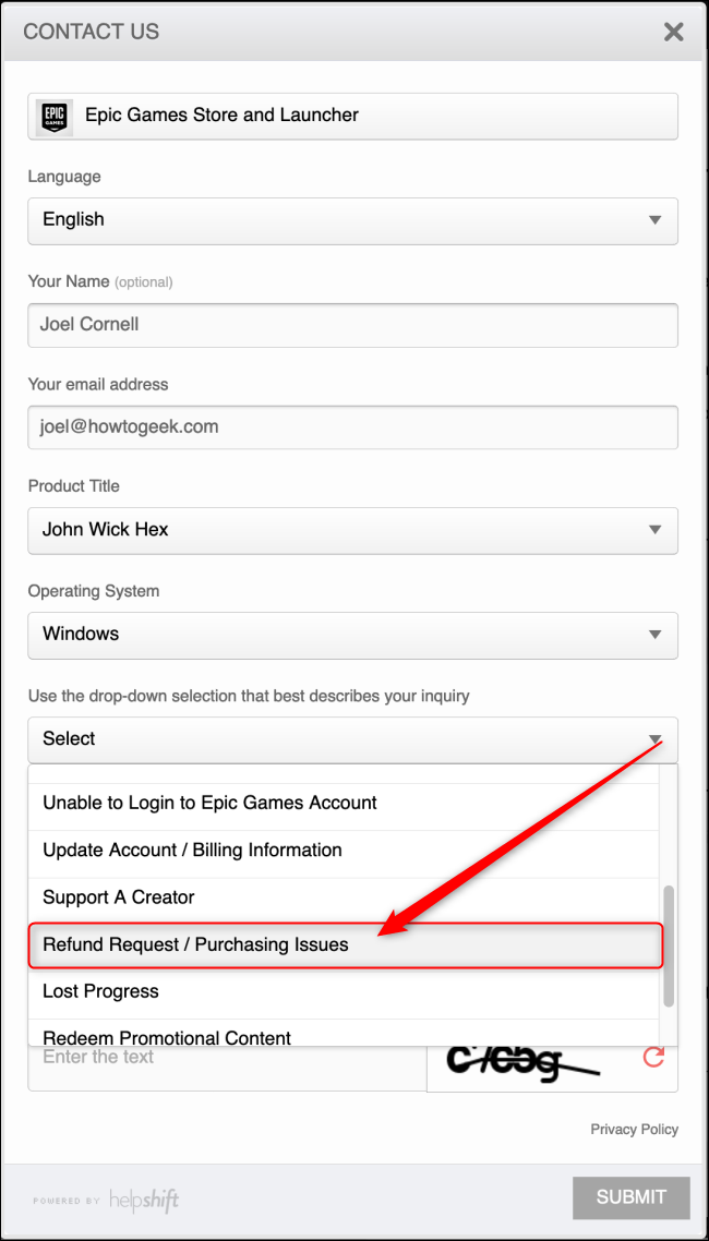 Formulario de solicitud de reembolso de Epic Games