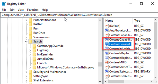 Editor de registro con caja alrededor de CortanaConsent DWORD.