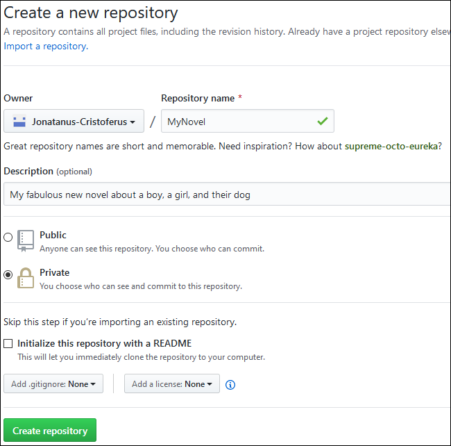 El formulario de texto para crear un nuevo repositorio de GitHub.