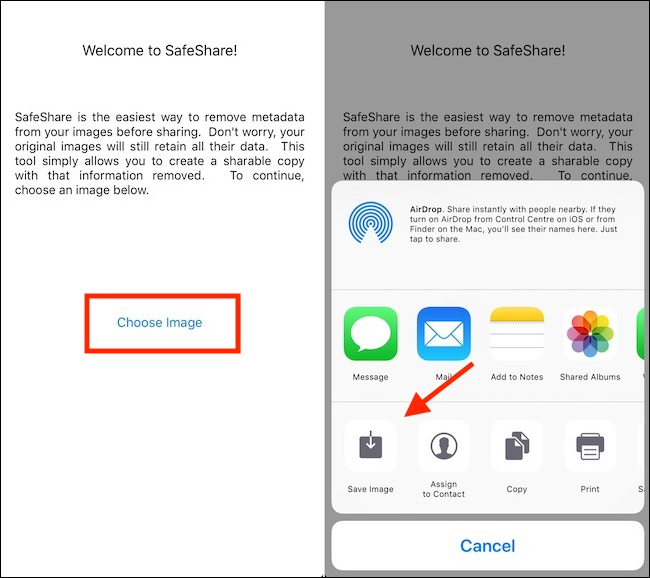 La aplicación SafeShare elimina los metadatos y guarda la imagen