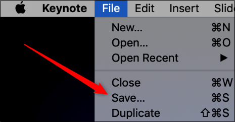Haz clic en "Archivo" y luego en "Guardar" en Keynote.