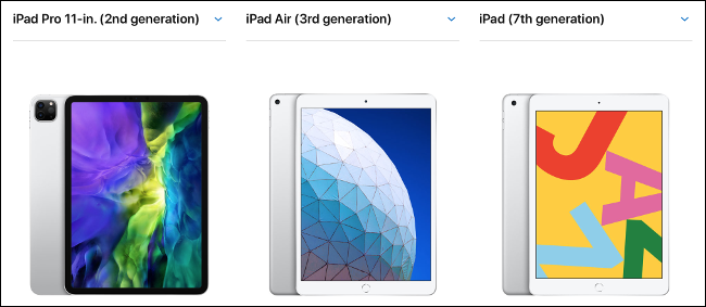 Comparación en paralelo de un iPad, iPad Air y iPad Pro de 11 pulgadas.