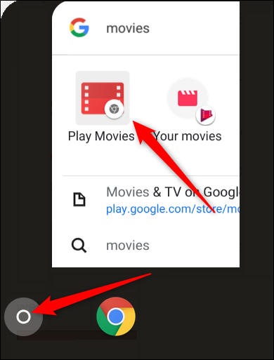 Haga clic en el iniciador, comience a escribir Películas, luego haga clic en la aplicación Play Movies Chrome, es la que tiene el ícono gris de Chrome en la esquina inferior derecha