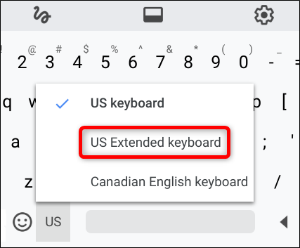 Desde el teclado en pantalla, haga clic en la entrada de idioma (EE. UU.), Luego elija Teclado extendido de EE. UU.
