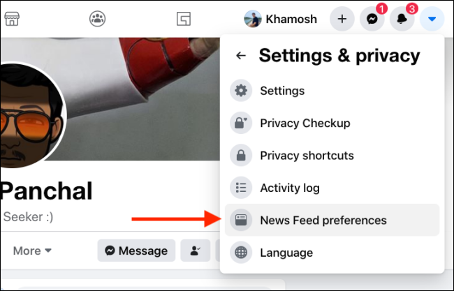 Seleccione Preferencias de noticias en el sitio web de Facebook