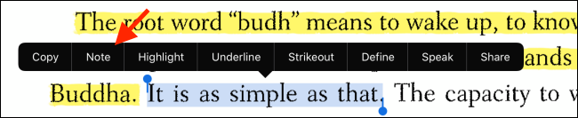 Seleccione el texto y luego toque el botón Nota